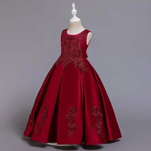 子供ドレス 発表会 子供ロングドレス キッズドレス フォーマルドレス 刺繍 ジュニアドレス ピアノコンクール ワインレッド170cm