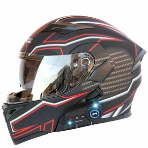 ブルートゥース付きバイクヘルメット Bluetooth付きフルフェイスヘルメット 耐衝撃性 防霧 通気吸汗 マッドブラックレッドカーボン調