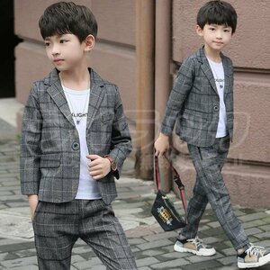 【140cm】フォーマルスーツ 男の子 入学式 卒業式 子供服 上下セット チェック柄 発表会 結婚式 キッズ ジュニア 卒園 ブレザー