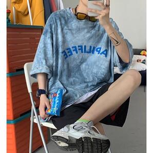 ケミカルウォッシュ 半袖Tシャツ ユニセックス ライトブルーネイビー Lサイズ
