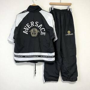 希少◎★A.VERSACE アルフレッド ヴェルサーチ★セット アップ 半袖 ジャケット パンツ ウィンドブレーカー 上下 黒 × 白 メンズ L/DD8027