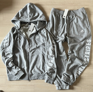 adidas■アディダス〔2XL〕THREE STRIPES 上下 セット パーカー スウェットパンツ 灰 グレー 白 フレンチテリー〔裏パイル織〕 24'春