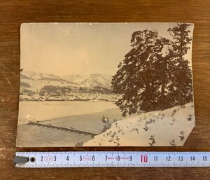 LL-7713 ■送料込■ 明寺43年 関口写真部 飯山上船渡 雪の景 写真 古写真 長野県 飯山市 橋 船橋 風景 古書 印刷物 戦前 レトロ /くYUら