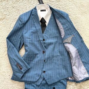 [ new goods * rare size ]CEEN suit setup three-piece 3 piece tailored jacket light blue stripe 3XL rank 