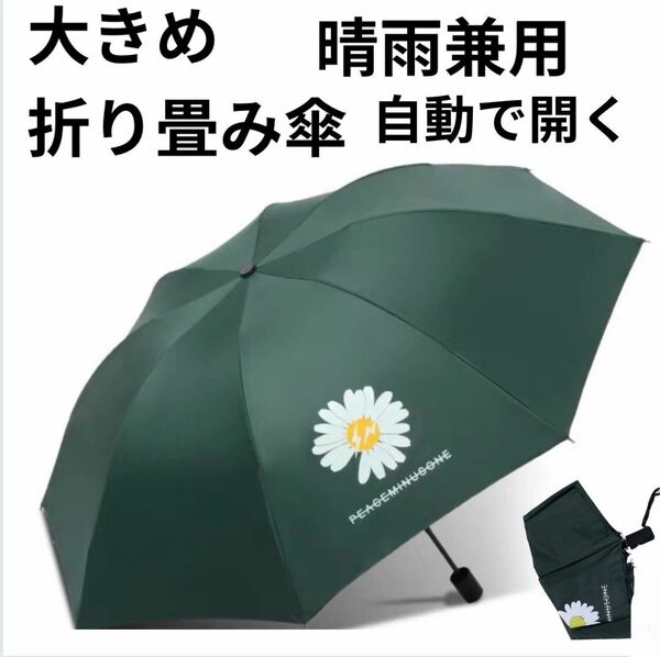 晴雨兼用 日傘 雨傘 UVカット 日除け 紫外線対策 遮光 ワンタッチ 全自動 大きめ 緑 グリーン 花柄 折りたたみ傘