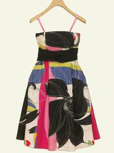 米メイヴ / 大きな花のアートプリントドレス US/0(S~) 薄手コットン100% 幅広サッシュリボン 美裾ドレープ ◎試着程度 ダメージなし 極美品