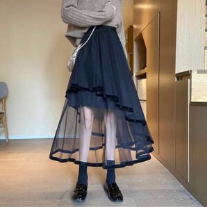 最終お値引き　アシンメトリー 個性派 メッシュ スカート モード フレアスカート ブラック プリーツスカート
