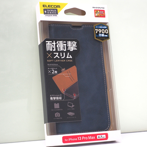 Apple iPhone 13 Pro Max (6.7インチ)用 耐衝撃 薄型 スリム 手帳型ケース ソフトレザーケース ステッチ 磁石付き ネイビー 紺 未開封品
