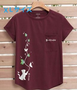 半袖Tシャツ　猫　ネコ　蝶々　バタフライ　ボルドー