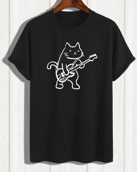 猫柄　半袖Tシャツ　ロック猫　ブラック