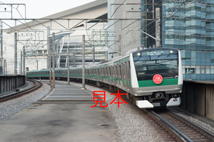 鉄道写真データ（JPEG）、00959776、E233系（ハエ111編成）（つながる。めぐる。川越さいたまヘッドマーク）JR埼京線北与野駅、2018.02.15