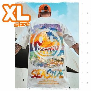 大人気　オーバーサイズ　tシャツ　ビッグシルエット　半袖　メンズ　プリント　ストリート　ホワイト　白　XL　韓国　スマイル