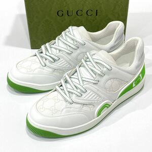 未使用 GUCCI グッチ レザー スニーカー GGキャンバス 698785 BASKET バスケット メンズ サイズ6(約25.0cm) ホワイト×グリーン 箱付き