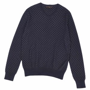 美品 ルイヴィトン LOUIS VUITTON ニット セーター ロングスリーブ 長袖 ダミエ柄 シルク トップス メンズ XS ネイビー cf05mb-rm11f10031