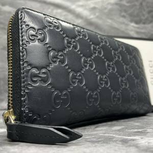 【極美品】 GUCCI グッチ メンズ ビジネス 長財布 ラウンドファスナー 型押し GG柄 シマ レザー 本革 ブラック 黒 レディース 小銭入れ