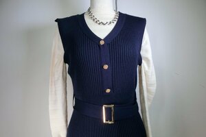 ♪美品★JULIA BOUTIQUE/ジュリア　ブティック(2)★ネイビー金ボタンウエストベルト付きノースリーブタイトニットワンピース