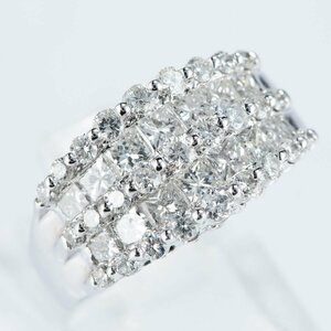 プリンセスカットとラウンドカットのダイヤモンドの輝きが織りなすプラチナ製ダイヤモンドリング D: 2.00ct Pt900 13号