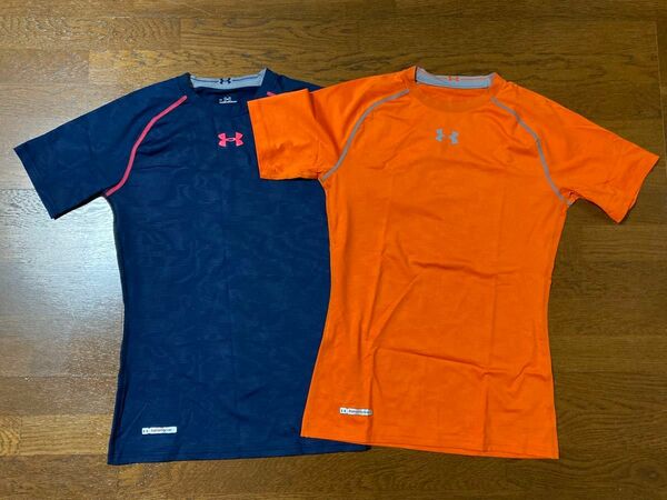 2枚セット アンダーアーマー 半袖 シャツ メンズ コンプレッション インナーシャツ 古着 ネイビー オレンジ LG 迷彩
