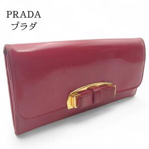 プラダ PRADA 二つ折り長財布 レッド リボン レディース エナメル ハイブランド