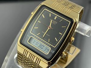 [A1307]1円～☆メンズ腕時計 アナデジ CITIZEN シチズン ゴールド×ブラック C480-D01182 動作品