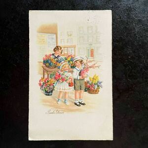 Pauli Ebner エブナー ★ アンティーク ポストカード お花屋さん 子供 女の子 男の子 花束 バラ オーストリア 絵葉書