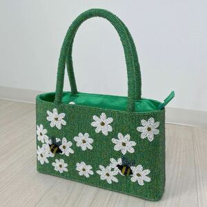 【SaPa】サパ ハンドメイド ビーズ ビーズバック ハンドバッグ お花 ミツバチ グリーン 緑 ベトナム製 美品
