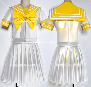 LJH23034 white & yellow L-XL super lustre skeske pretty sailor manner tops + pleated skirt cosplay JK uniform fancy dress change equipment Event costume 