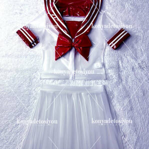 LJH23034白＆赤L-XL 超光沢 スケスケ 可愛いセーラー風トップス+プリーツスカート コスプレ JK 制服 仮装 変装 イベント コスチュームの画像4