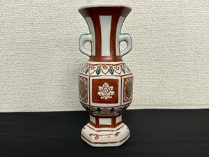 A2　和田桐山　赤絵　花瓶　花器　六角　工芸品　陶器　琴浦窯　高さ約18㎝　在銘　現状品