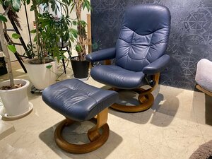 注)送料購入後追加 　EKORNES エコーネス 北欧 ノルウェー ストレスレスチェア 本革 オットマン付き ネイビー 中古品