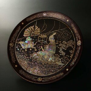 [ deep peace ] Edo latter term * blue ... Sakura .. another . map circle tray ( lacquer ware mother-of-pearl skill close . lacquer . tree regular . futoshi flat chronicle .. map warrior picture Japanese-style tableware tea utensils distribution serving tray .)
