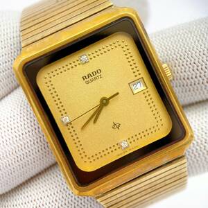 ラドー RADO メンズ 腕時計 クオーツ QZ ゴールド文字盤 デイト 3針 スクエア 純正ステンレスベルト 電池切れ ジャンク