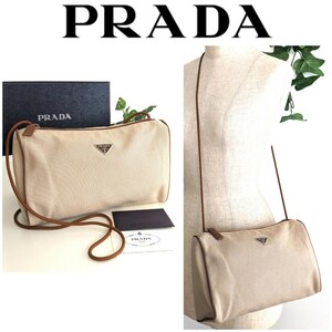 未使用☆ プラダ カナパ PRADA CANAPA ポシェット 斜め掛け ショルダーバッグ ボディバッグ 鞄 miumiu デニム ベージュ レディース メンズ