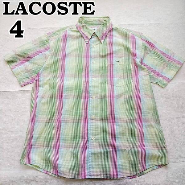 LACOSTE ラコステ 半袖ボタンダウンシャツ マルチカラー チェック 緑 メンズ4 L XL 日本製 240508-02