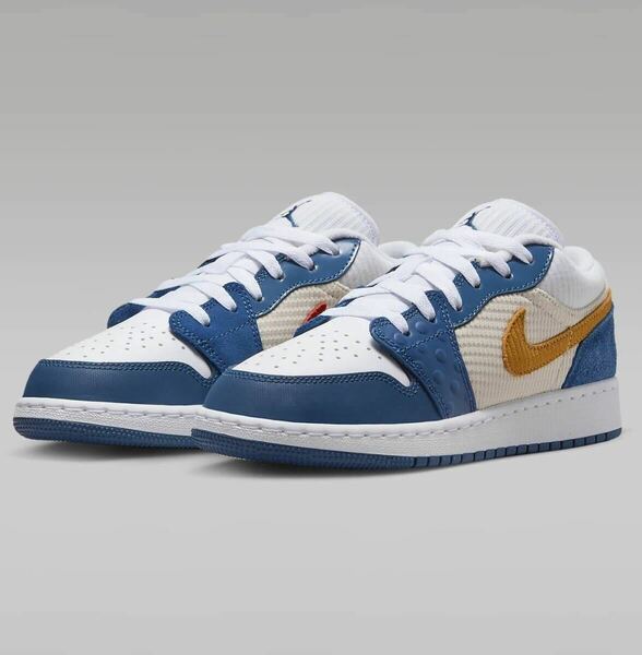 新品 送料込 NIKE AIR JORDAN 1 LOW SE GS 22.5cm/US3.5Y 白/青 ナイキ エア ジョーダン 1 ロー 異素材 KIDS キッズ 箱無し