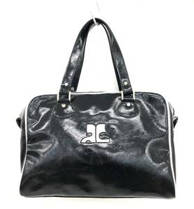 T05/165 courreges paris Courreges Paris Logo handbag enamel bag Mini Boston bag silver metal fittings black / white 