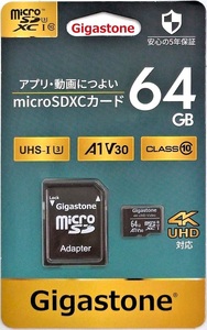64GB microSDXCカード Gigastone UHD対応 microSDカード 64GB フルHD対応 ギガストーンJMX-64GV3A1 SDアダプタ付 カメラ/スマホ/SWITCH