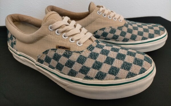 人気シリーズ/チェッカーの意外性を突く!!【アイボリー&ターコイズで超高質感!!良品】VANS エラ 立体造形アッパー ゴールデンサイズ 26.5