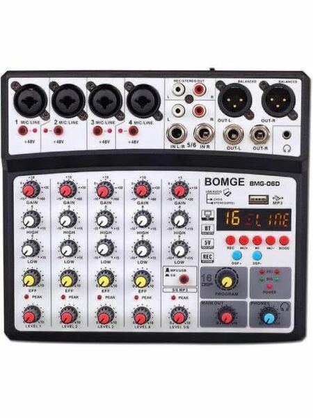 BOMGE 6チャンネルdjオーディオミキサー、MP3 USB Bluetooth、48Vファンタム電源、5V電源、16 DSPエコーエフェクトミキサー　ブラック