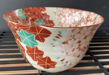 ◆清水焼-菓子茶碗-手描き、季節花・桜・紅葉(大きいサイズの未使用品・美品)_画像1