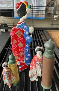 ◆京都舞子、3点セット（土人形））レトロ・時代・縁起物・木彫り・郷土玩具・舞子・着物・日本人形、送料無料発送