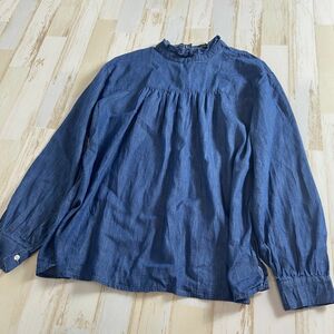100 jpy start * Lugnoncureru non cue ru Denim Like stand-up collar shirt blouse free size width easy body type cover 