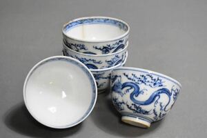 【英】A1251 清 染付煎茶碗5客 中国美術 朝鮮 青花 煎茶道具 煎茶器 骨董品 美術品 古美術 時代品 古玩