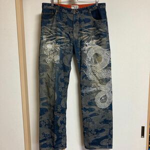 [ beautiful goods ].. soul .. jeans Denim pants indigo W38 dragon Sakura peace pattern embroidery 