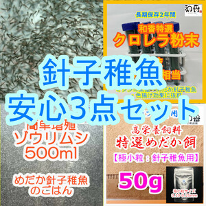 送料安★針子稚魚安心3点 ゾウリムシ500ml&粉末生クロレラ&特選粉餌50gセット 針子稚魚用 めだか金魚グッピーの餌エサえさミジンコ生餌