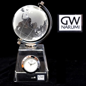 995 未使用！百貨店購入！NARUMI グラスワークス ● 置時計 ガラス 地球儀型 ナルミ クリスタル アート オブジェ
