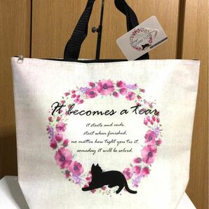 黒猫　ブラックキャット　花柄　保冷保温バッグ　保冷バッグ　クーラーバッグ　エコバッグ ランチトート　トートバッグ　お弁当バッグ