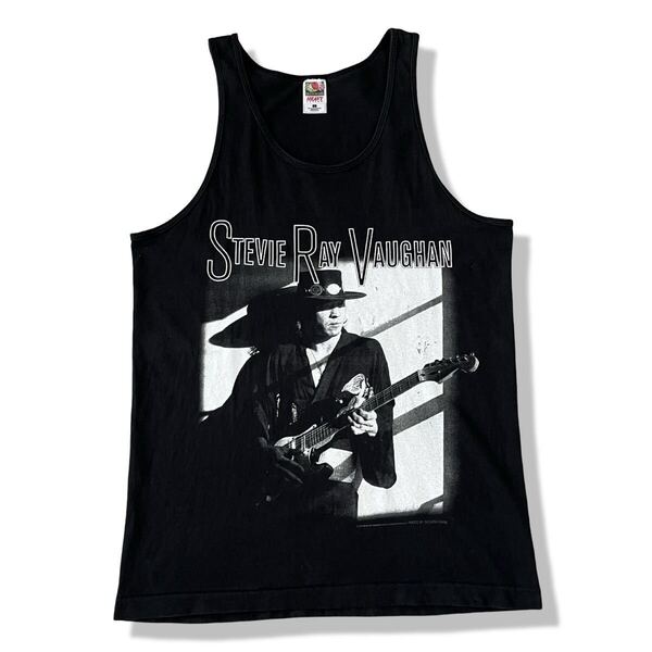【90s】STEVIE RAY VAUGHAN(スティーヴィーレイヴォーン) プリントタンクトップ ブラック/黒 L フルーツオブザルーム バンドTシャツ USA製