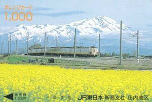 485系いなほ　鳥海山と菜の花　JR東日本新潟支社庄内地区オレンジカード