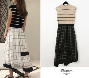  regular price approximately 4 ten thousand Grace Continental diagram long switch flair knitted One-piece skirt beige black border check as good as new 